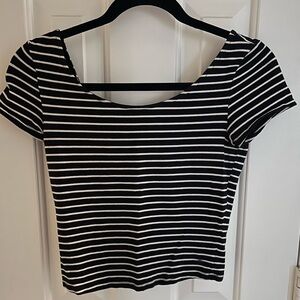 American Eagle Black and White Striped Scoop Back Fitted Crop Tee